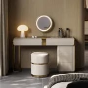 Amoura Vanity Set – Natural Wood with Matching Pouf, LED Mirror & Marble-Look Top
