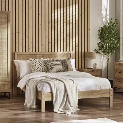 Arello Natural Wood Bed – Rattan Headboard