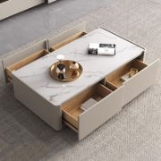 صورة طاولة قهوة لوسترا من الخشب الطبيعي – بسطح حجري وتخزين مخفي