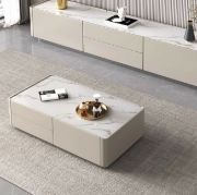 صورة طاولة قهوة لوسترا من الخشب الطبيعي – بسطح حجري وتخزين مخفي