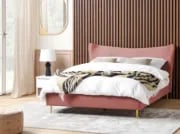 Velora Upholstered Bed – Padded Headboard with Gold Stainless Steel Legs
