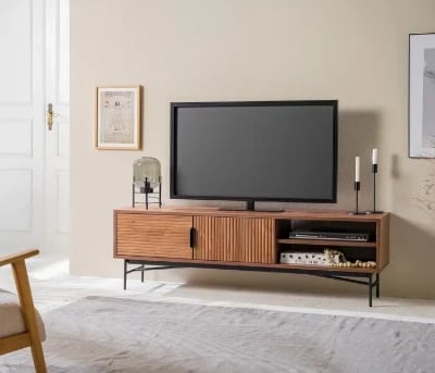 Picture of Ravelo – Walnut Ribbed TV Console with Open Shelves