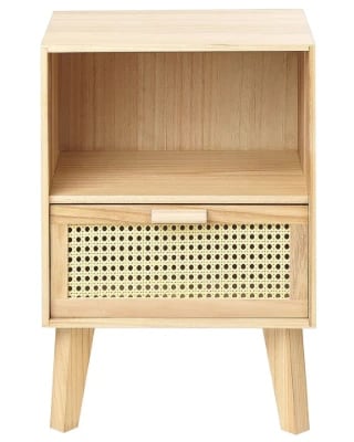 Liora Natural Wood Bedside Table – Open Shelf & Woven Drawer