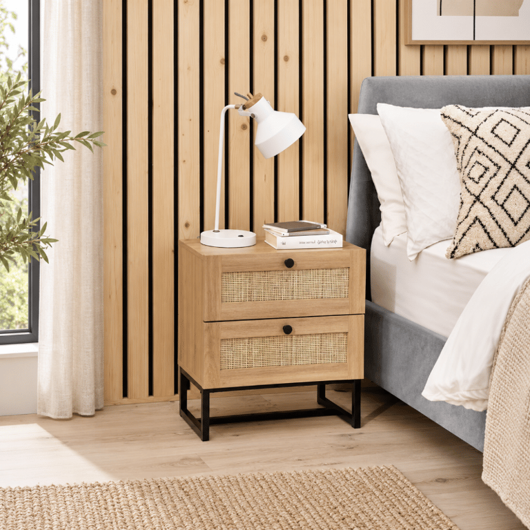 Mira Side Table – Natural Wood with Two Rattan Drawers and Elegant Black Metal Base