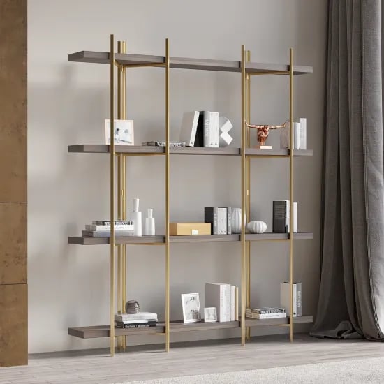Aurore Display Shelf – Natural Wood & Gold Metal Frame