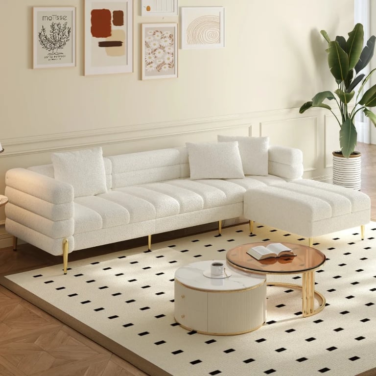 Amélis– Modern Natural Wood Sofa Set with Armchair and Ottoman, Golden Legs