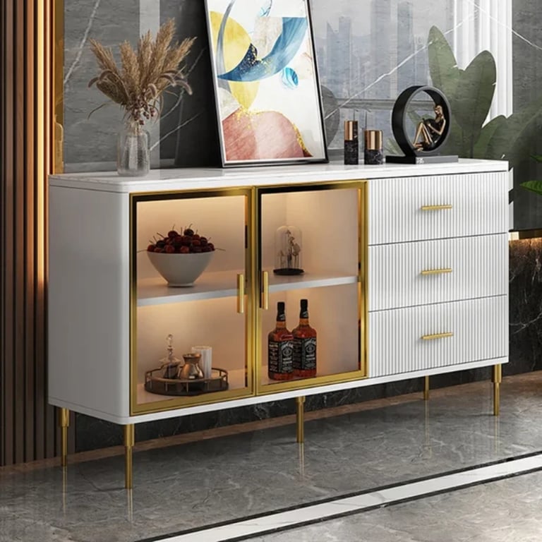 Klamf Sideboard – Natural Wood with Glass Doors and Golden Accents