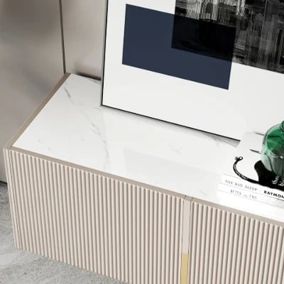 Élory - Natural Wood TV Stand with Stainless Steel Legs & Marble-Look Top