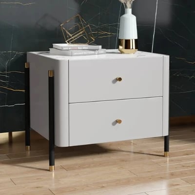 Haki Nightstand – Natural Wood Frame with Faux Marble Top and Dual Drawers