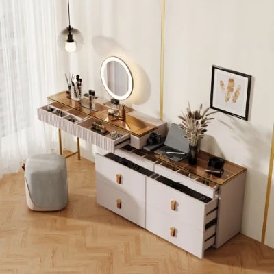 Léonie Vanity Set – Natural Wood with LED Mirror, Chair, and Storage Drawers