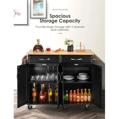 Wide Rolling Kitchen Island with Solid Wood Top