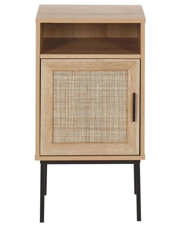 Calvia – Natural Wood Bedside Table with Tall Design & Woven Door