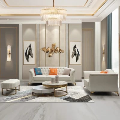 Marcelline – Sofa, Armchair & Ottoman Set with Elegant Natural Wood Accents | Customizable Design