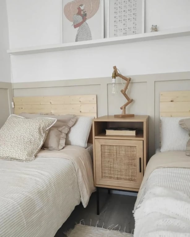 Calvia – Natural Wood Bedside Table with Tall Design & Woven Door