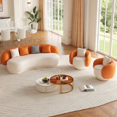 Aurélie Sofa Set – Curved Sofa & 2 Armchairs with Modern Design and Swivel Base