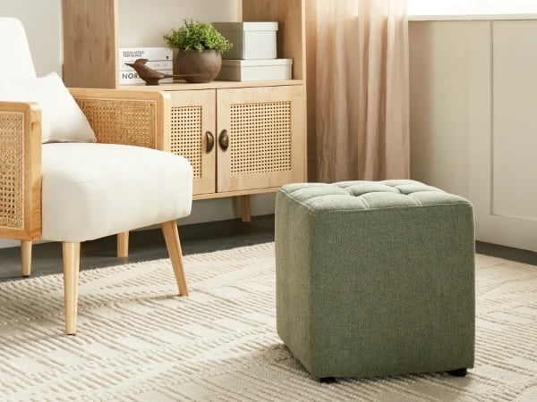 Nuvy Square Ottoman – Minimal Tufted Design with Natural Wood Frame
