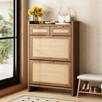 Rivanne - Natural Wood Shoe Cabinet with Rattan Front