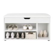 صورة خزانة أحذية خشب طبيعي بمقعد - أبيض