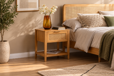 Lina Side Table – Natural Wood with Rattan Front