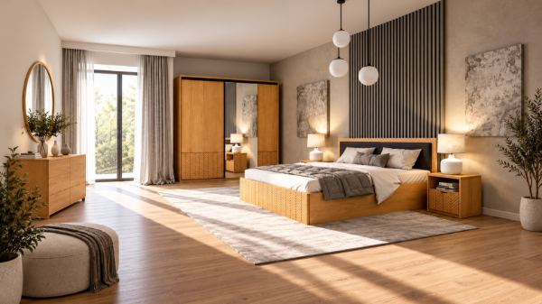 Picture of Vero Natural Wood Bedroom Set – With Accents & Sliding Wardrobe