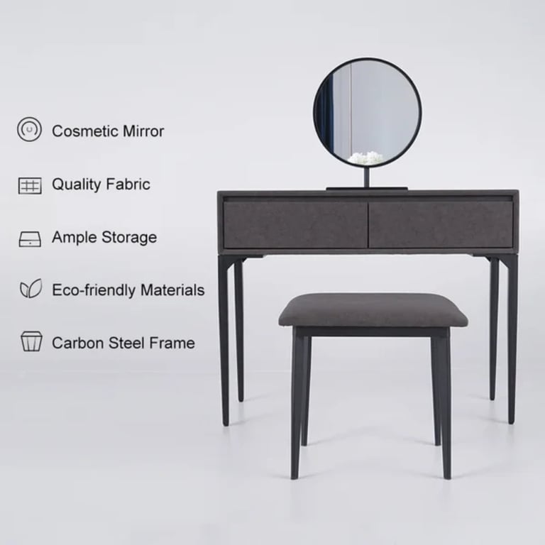 Enigma Vanity with Round Mirror and Elegant Chair – Natural Wood
