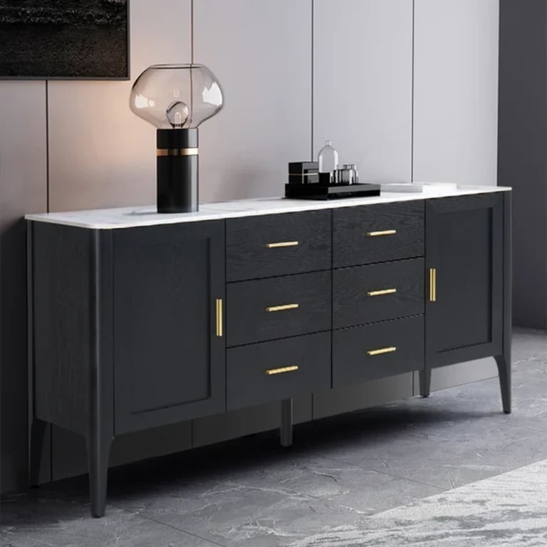 Lisco Sideboard – Natural Wood with Marble Top and Golden Handles