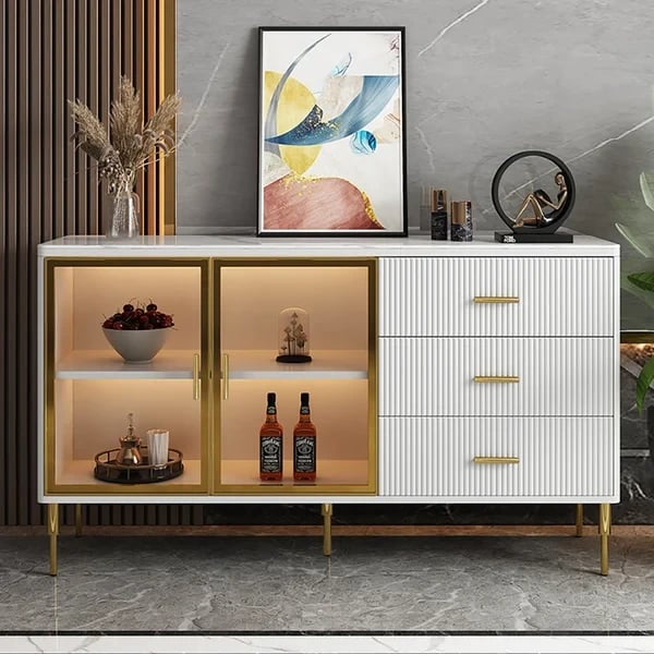 Klamf Sideboard – Natural Wood with Glass Doors and Golden Accents