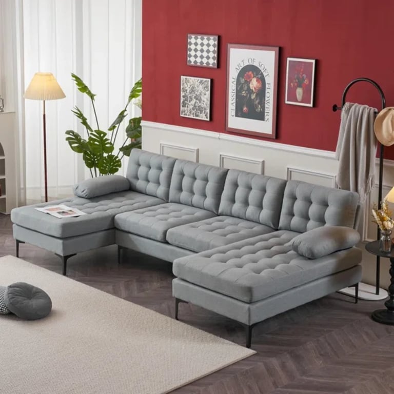 صورة جيڤارا كنبة ركنية على شكل يو– 3 قطع بقاعدة من الخشب الطبيعي