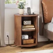 Luna – Round Side Table with Storage – Natural Wood