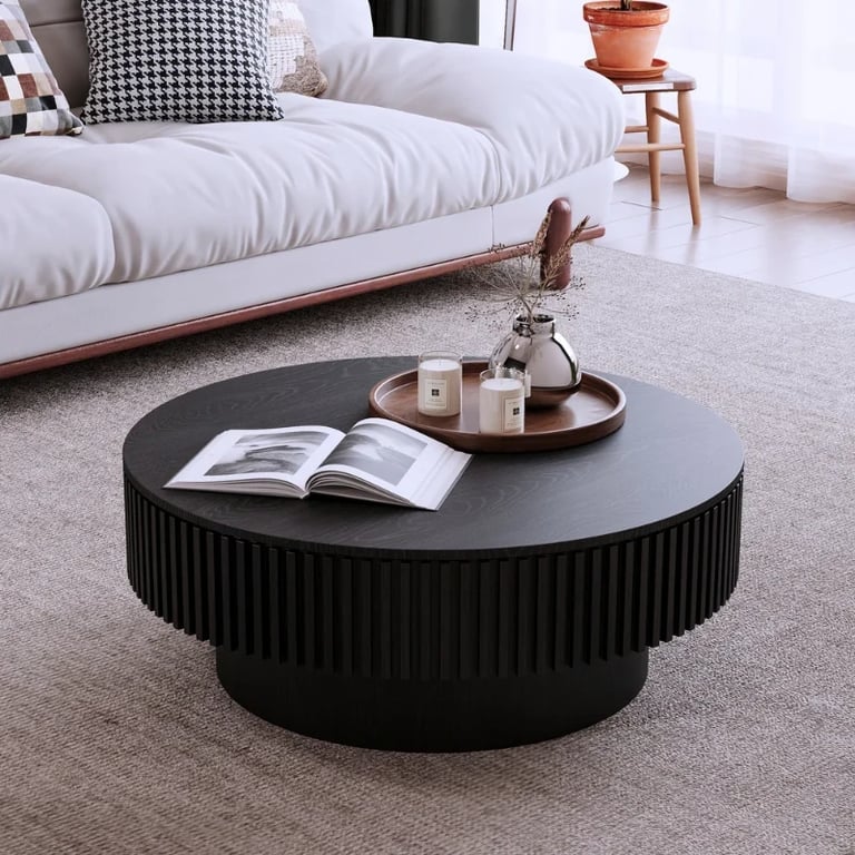 Elyra Round Coffee Table with Hidden Storage – Natural Wood