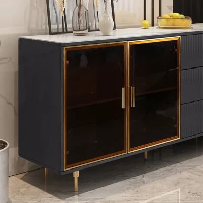 Klamf Sideboard – Natural Wood with Glass Doors and Golden Accents