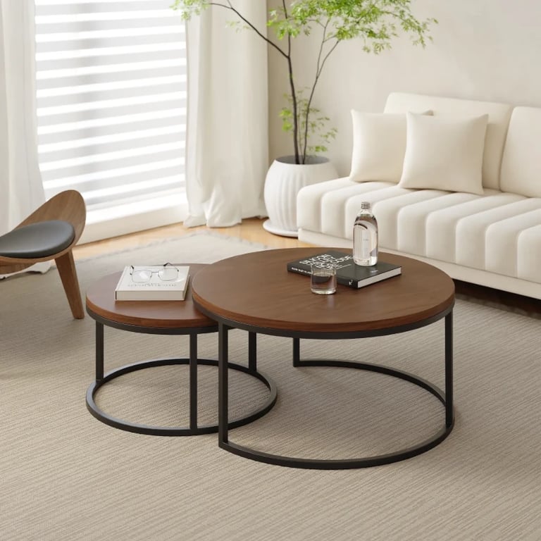 Noctis – Natural Wood TV Stand with Round Coffee Tables