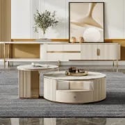 Picture of Velmira Luxe Coffee & Side Table Set – Golden Elegance Meets Natural Wood Charm