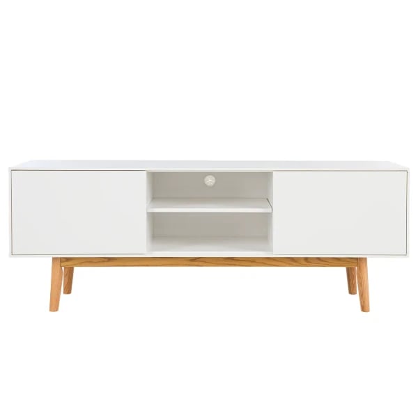 صورة أوليرا – طاولة تلفاز اسكندنافية باللون الأبيض والخشب الطبيعي