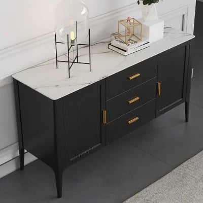 Lisco Sideboard – Natural Wood with Marble Top and Golden Handles