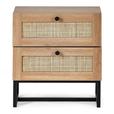 Mira Side Table – Natural Wood with Two Rattan Drawers and Elegant Black Metal Base