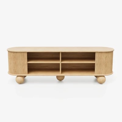 Oniro Long Media Console with Fluted Sliding Panels – Natural Wood