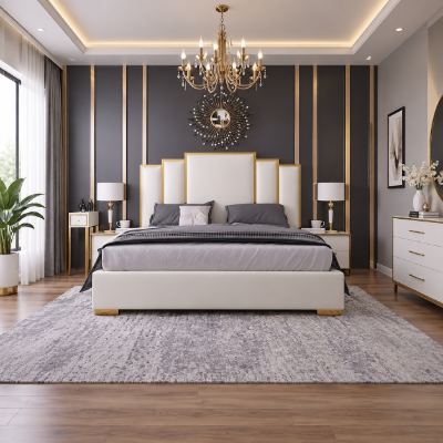 Picture of Regalia Luxe Upholstered Bed – White & Gold Elegance