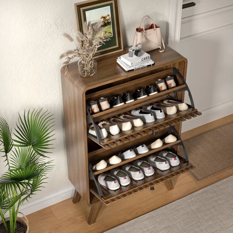 Solvay - Natural Wood Shoe Cabinet with Slatted Front