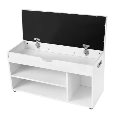 صورة خزانة أحذية خشب طبيعي بمقعد - أبيض