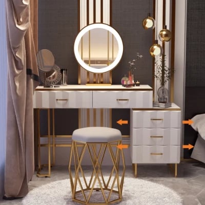 Valencia Vanity Set – Natural Wood with LED Mirror & Pouf Featuring Gold Stainless-Steel Details