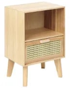 Liora Natural Wood Bedside Table – Open Shelf & Woven Drawer