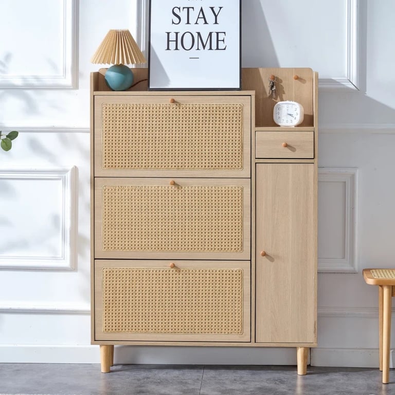 Ravelle - Natural Wood Shoe Cabinet with Rattan Front