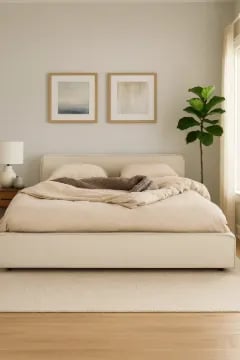 Picture of Noa Upholstered Bed with Natural Wood Base