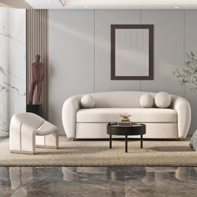 صورة صوفا سيرينيتي مودرن بيضاء تيدي قطيفة 3 مقاعد منحنية