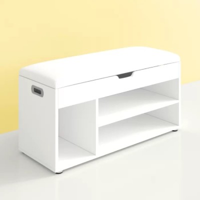 صورة خزانة أحذية خشب طبيعي بمقعد - أبيض