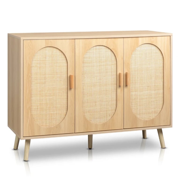 Rubena – Natural Wood Shoe Cabinet with Rattan Front (Three Doors)