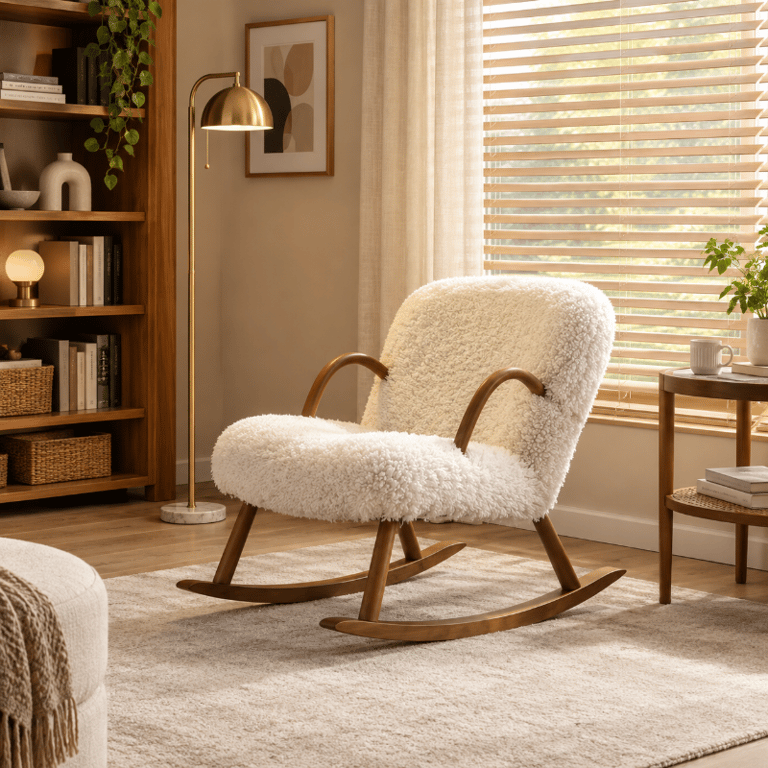 Hais Sherpa Rocking Armchair – Natural Wood Base with Soft Upholstery
