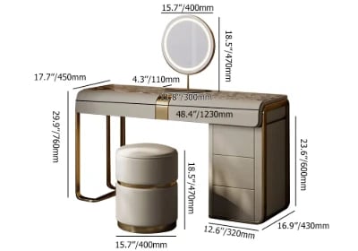 Amoura Vanity Set – Natural Wood with Matching Pouf, LED Mirror & Marble-Look Top