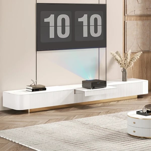 صورة مارلو - وحدة تلفزيون خشب طبيعي بقاعدة ذهبية وأدراج تخزين